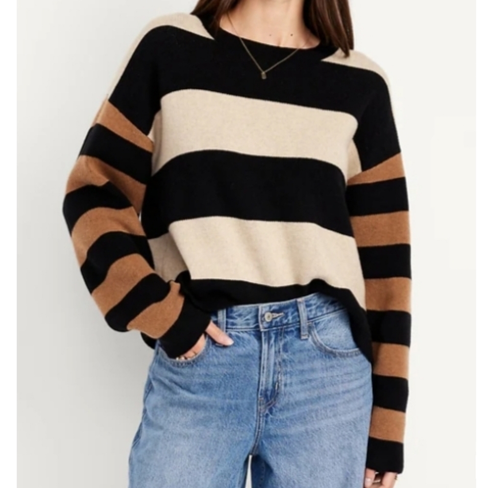 NWT Women's SoSoft Cropped Crewneck Sweater Top - Black Brown Soft Tan Stripe